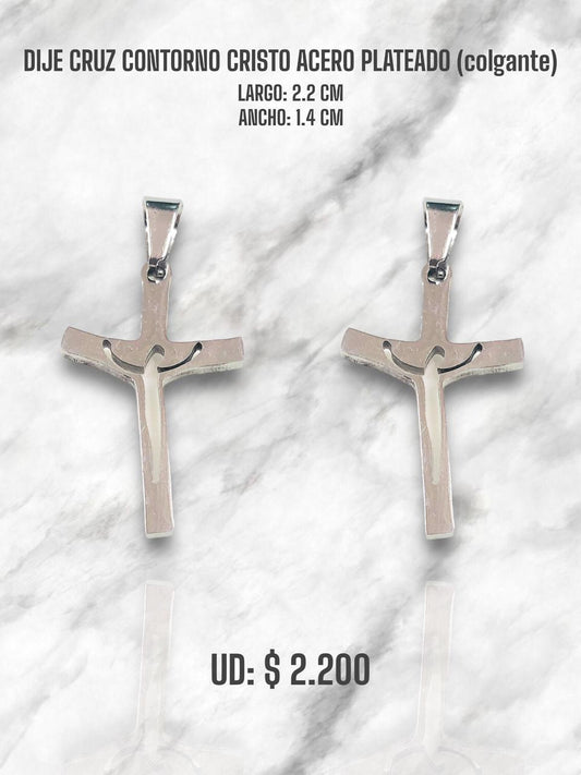DIJE CRUZ CONTORNO CRISTO ACERO PLATEADO (colgante)