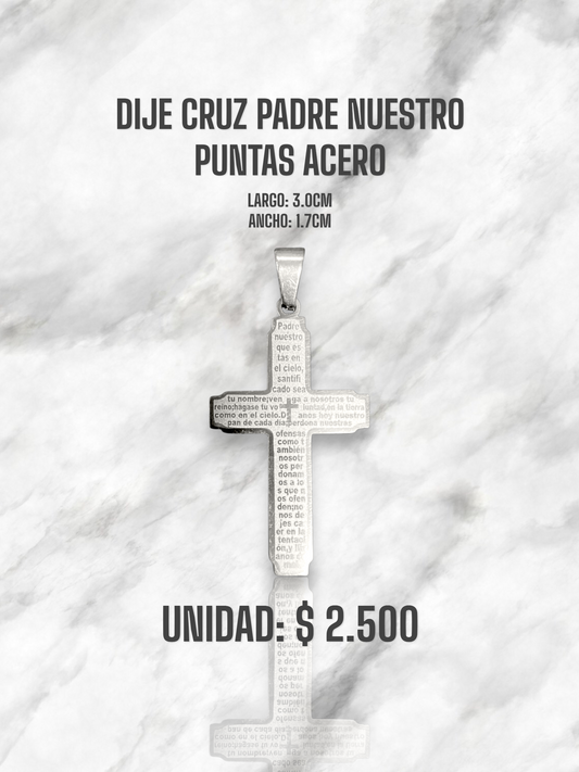 DIJE CRUZ PADRE NUESTRO PUNTAS ACERO PLATEADO