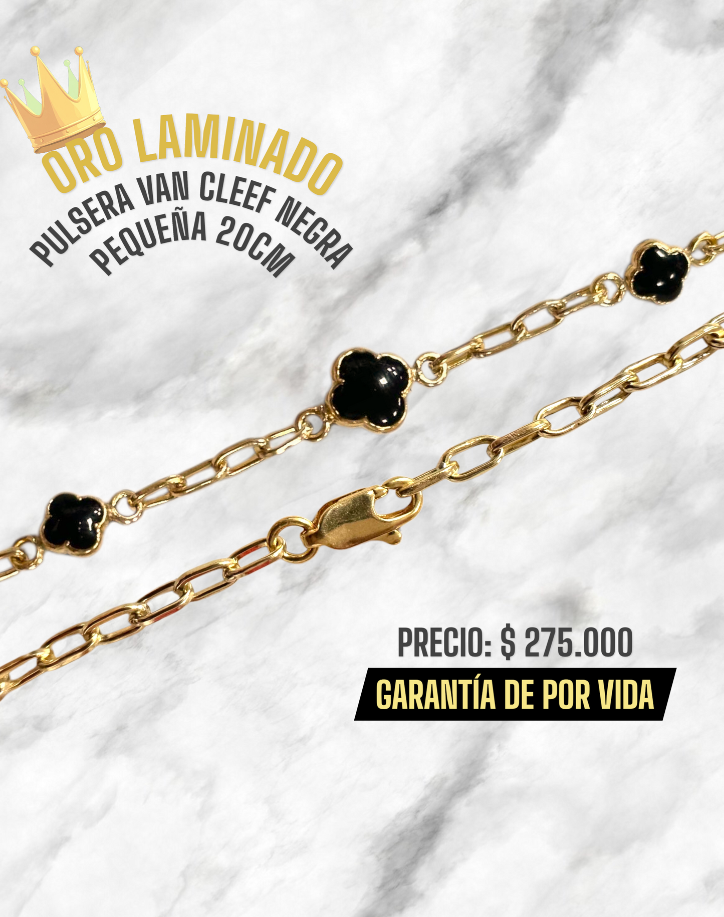 PULSERA VAN CLEEF NEGRO PEQUEÑA 20CM ORO LAMINADO