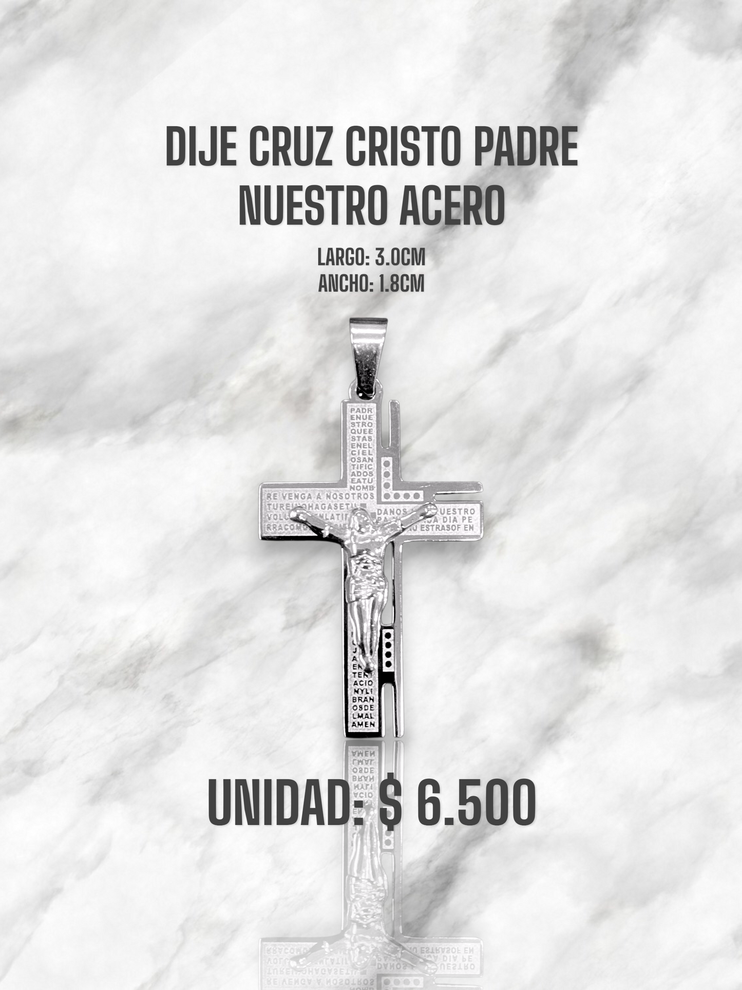 DIJE CRUZ CRISTO PADRE NUESTRO ACERO PLATEADO