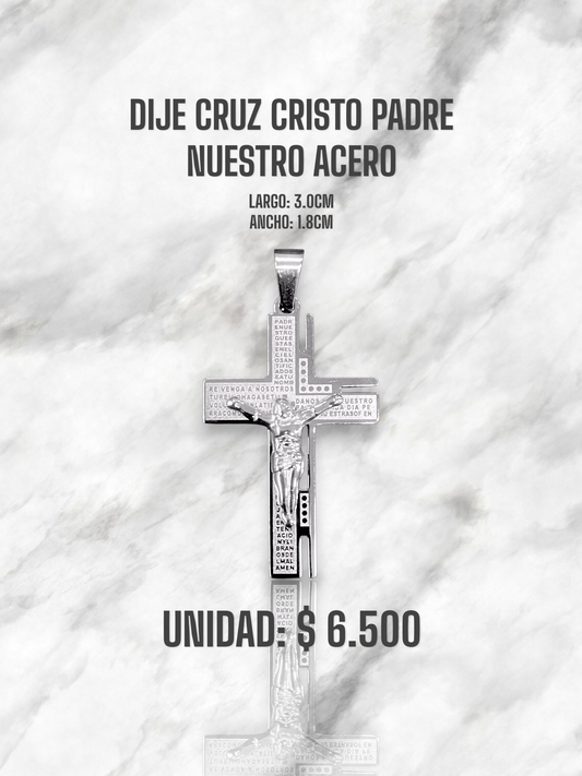 DIJE CRUZ CRISTO PADRE NUESTRO ACERO PLATEADO