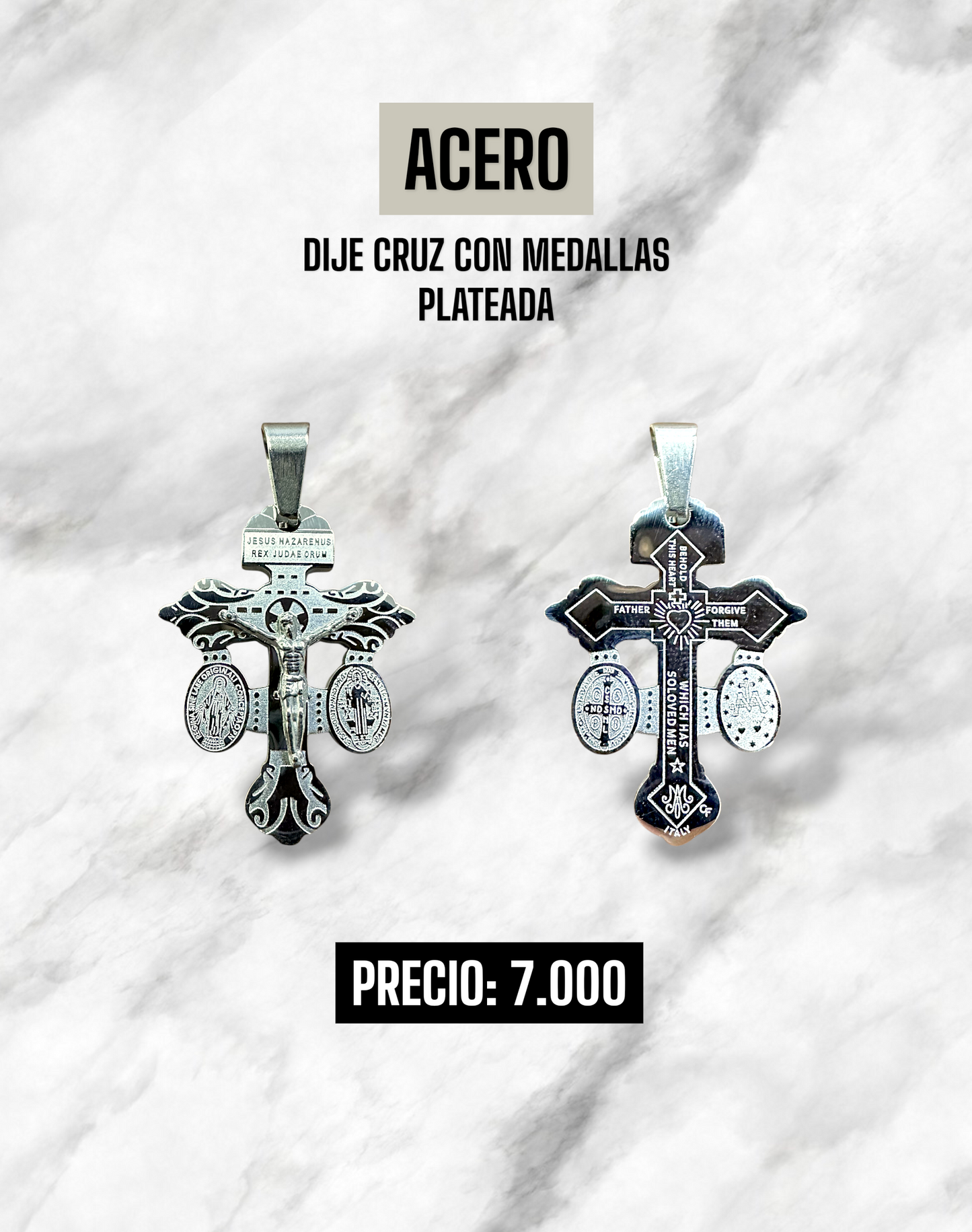 DIJE CRUZ CON MEDALLA ACERO