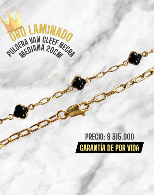 PULSERA VAN CLEEF NEGRA MEDIANA 20CM ORO LAMINADO