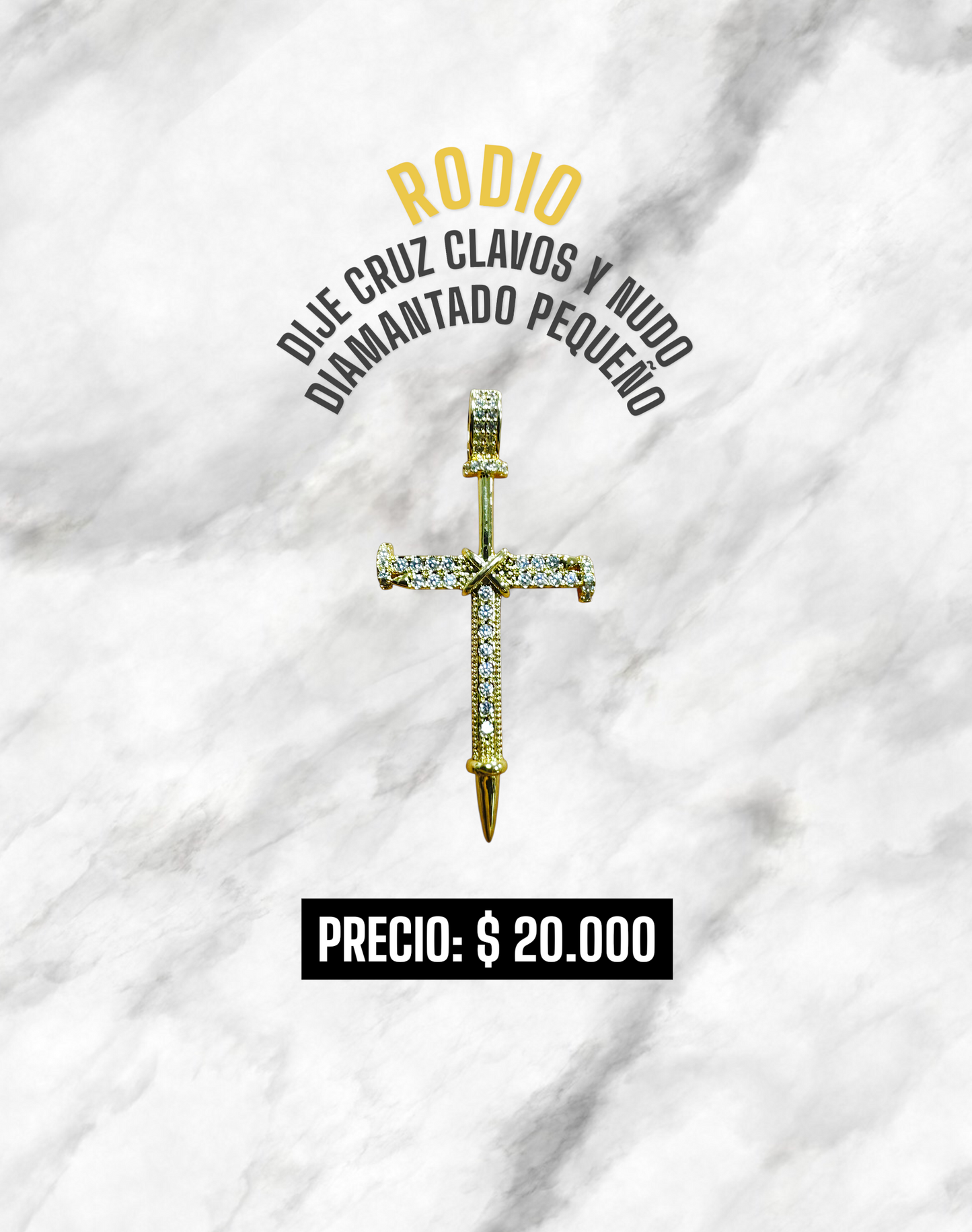 DIJE CRUZ CLAVOS Y NUDO DIAMANTADO PEQUEÑO RODIO