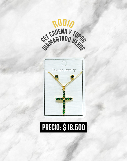 SET CADENA Y TOPOS DIAMANTADO VERDE RODIO
