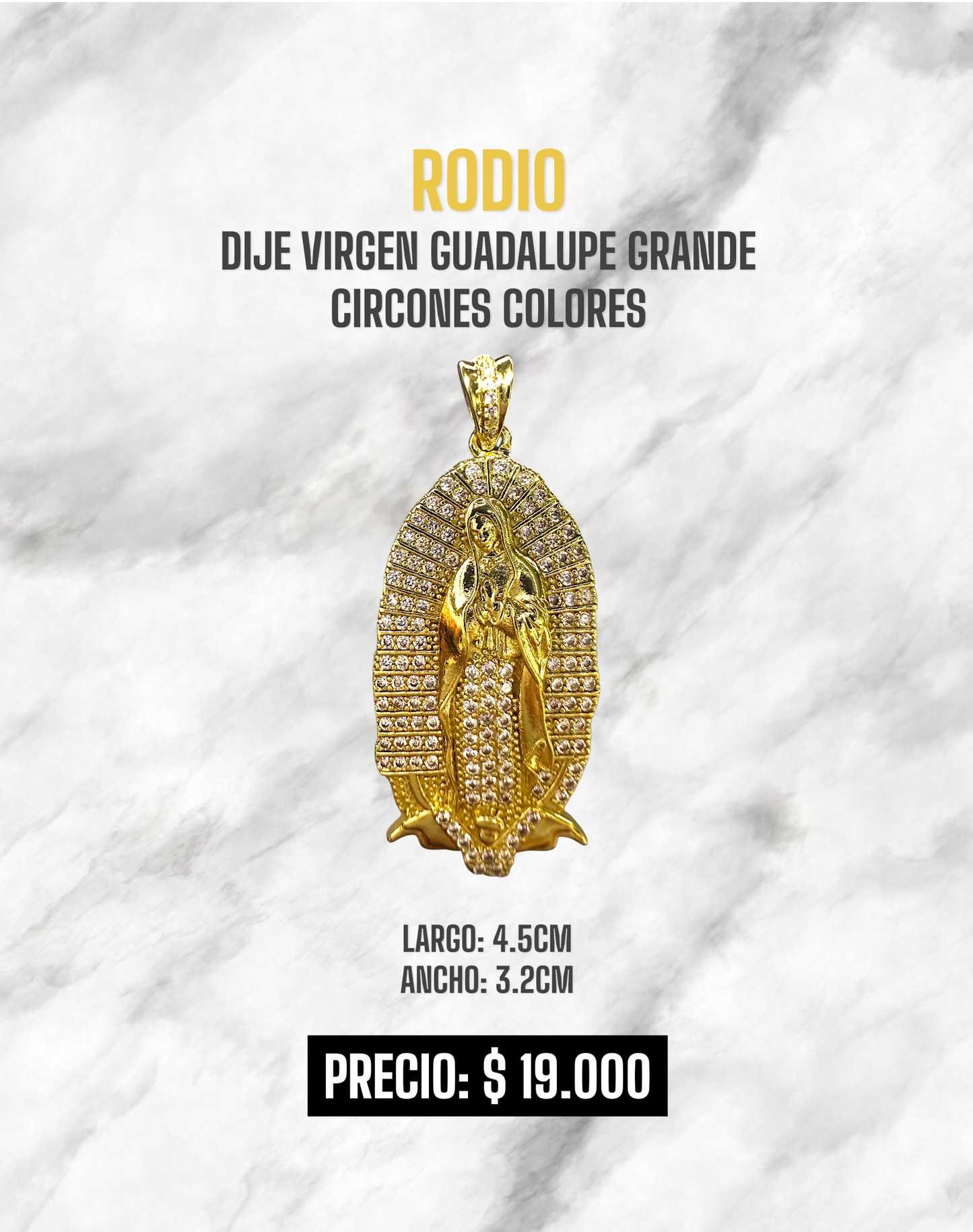 DIJE VIRGEN GUADALUPE CIRCONES BLANCOS GRANDE RODIO
