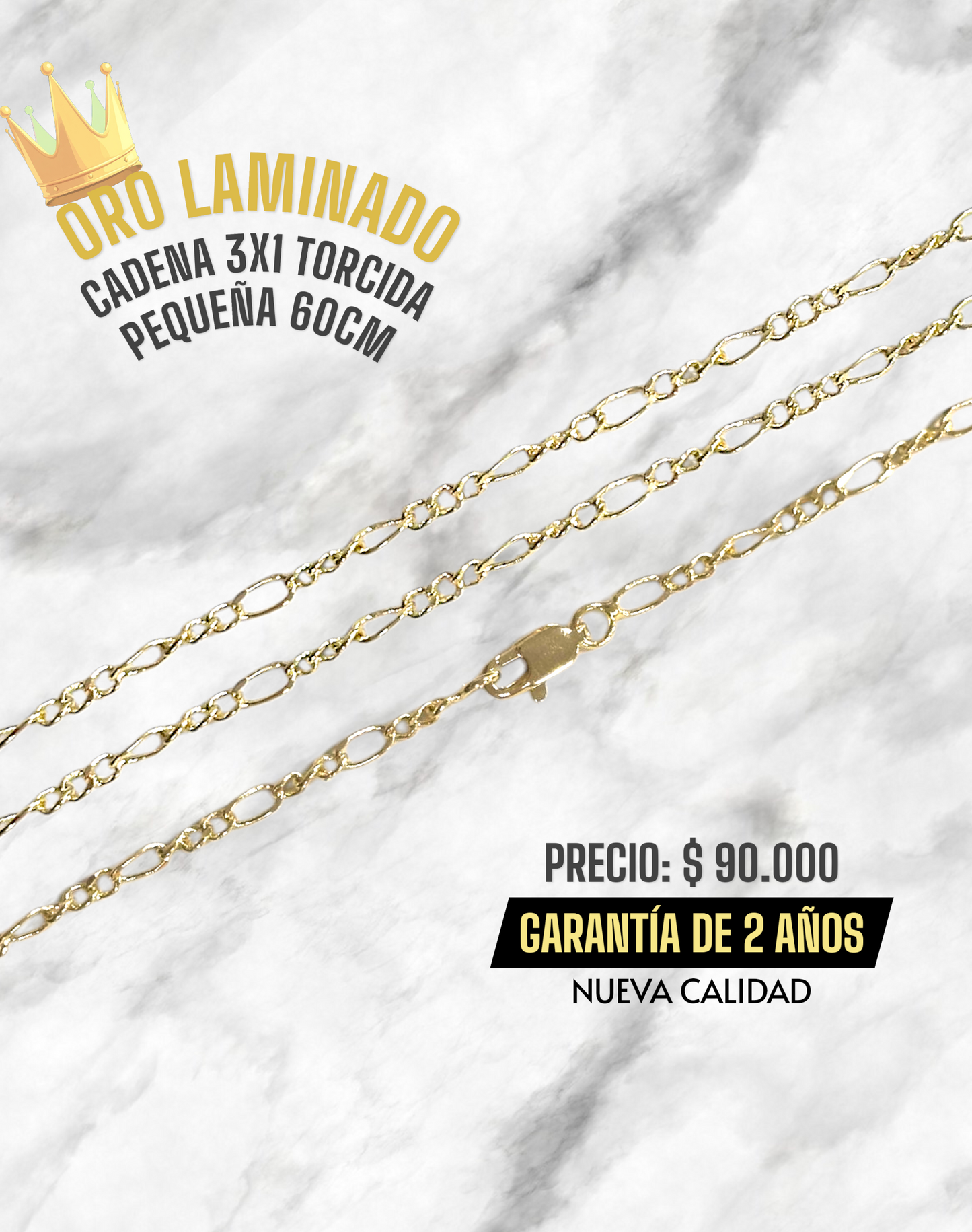 CADENA 3X1 TORCIDA PEQUEÑA 60CM NUEVA CALIDAD ORO LAMINADO
