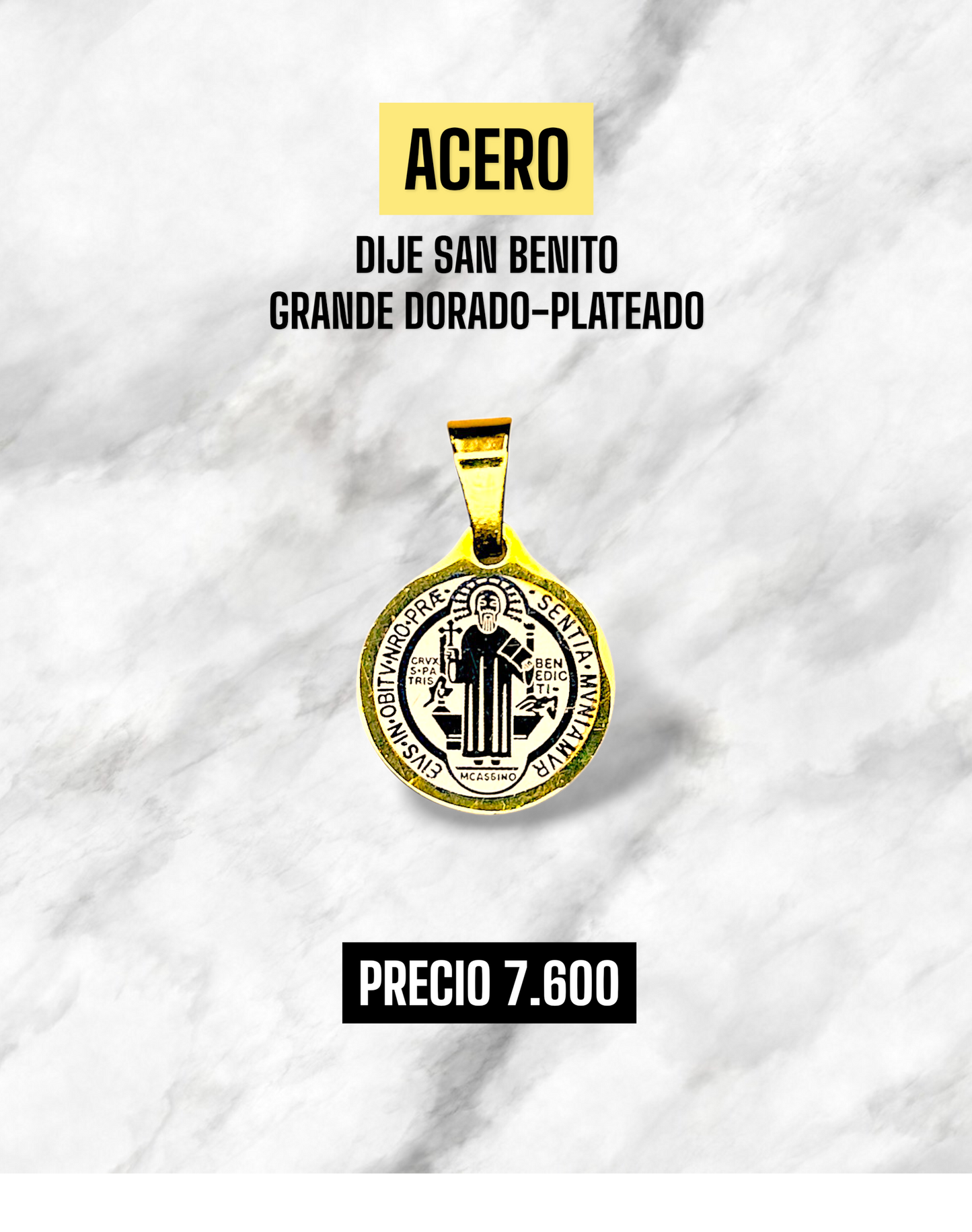 DIJE SAN BENITO GRANDE DORADO-PLATEADO ACERO