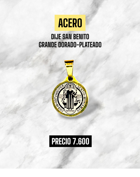 DIJE SAN BENITO GRANDE DORADO-PLATEADO ACERO