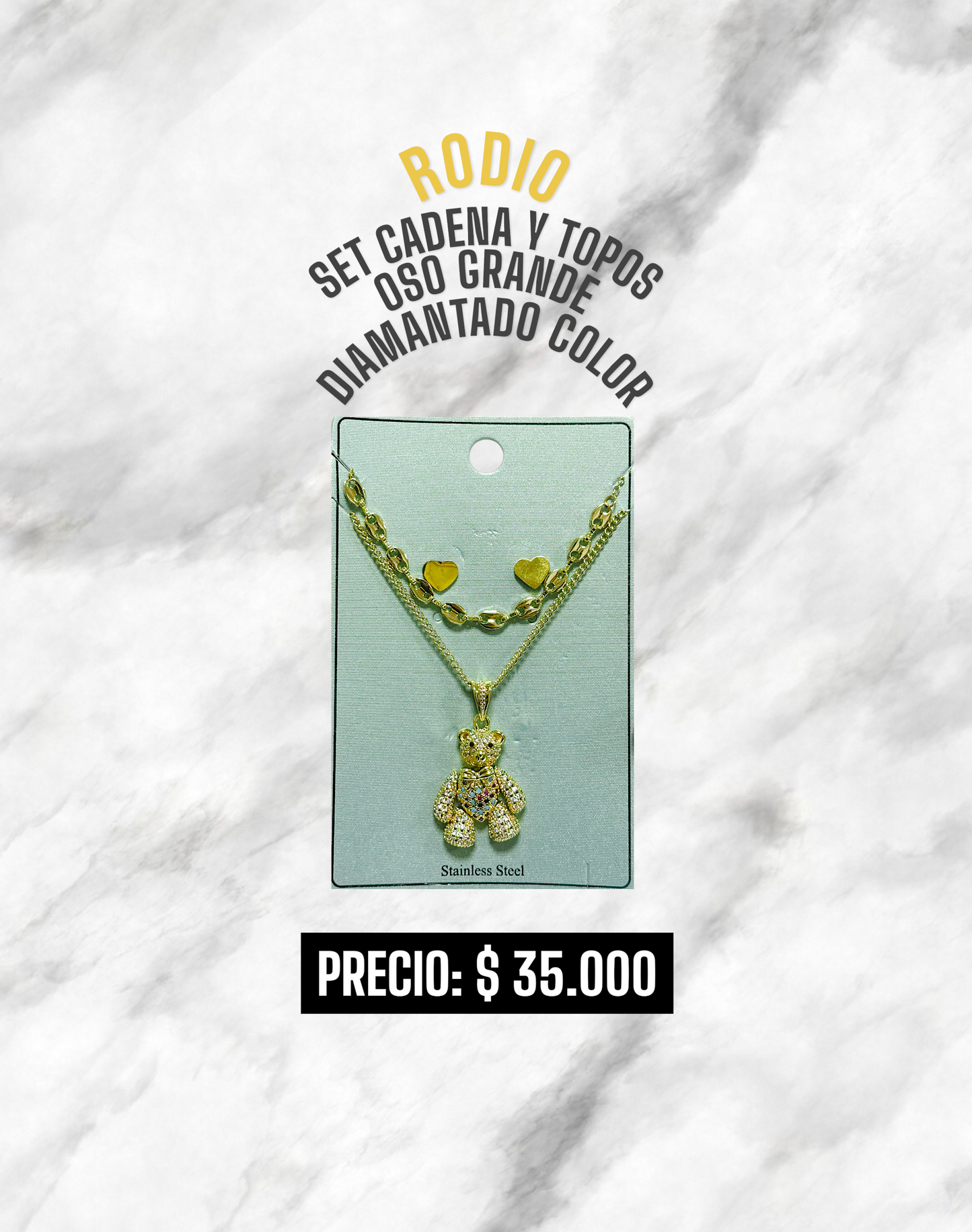 SET CADENA Y TOPOS OSO GRANDE DIAMANTADO RODIO