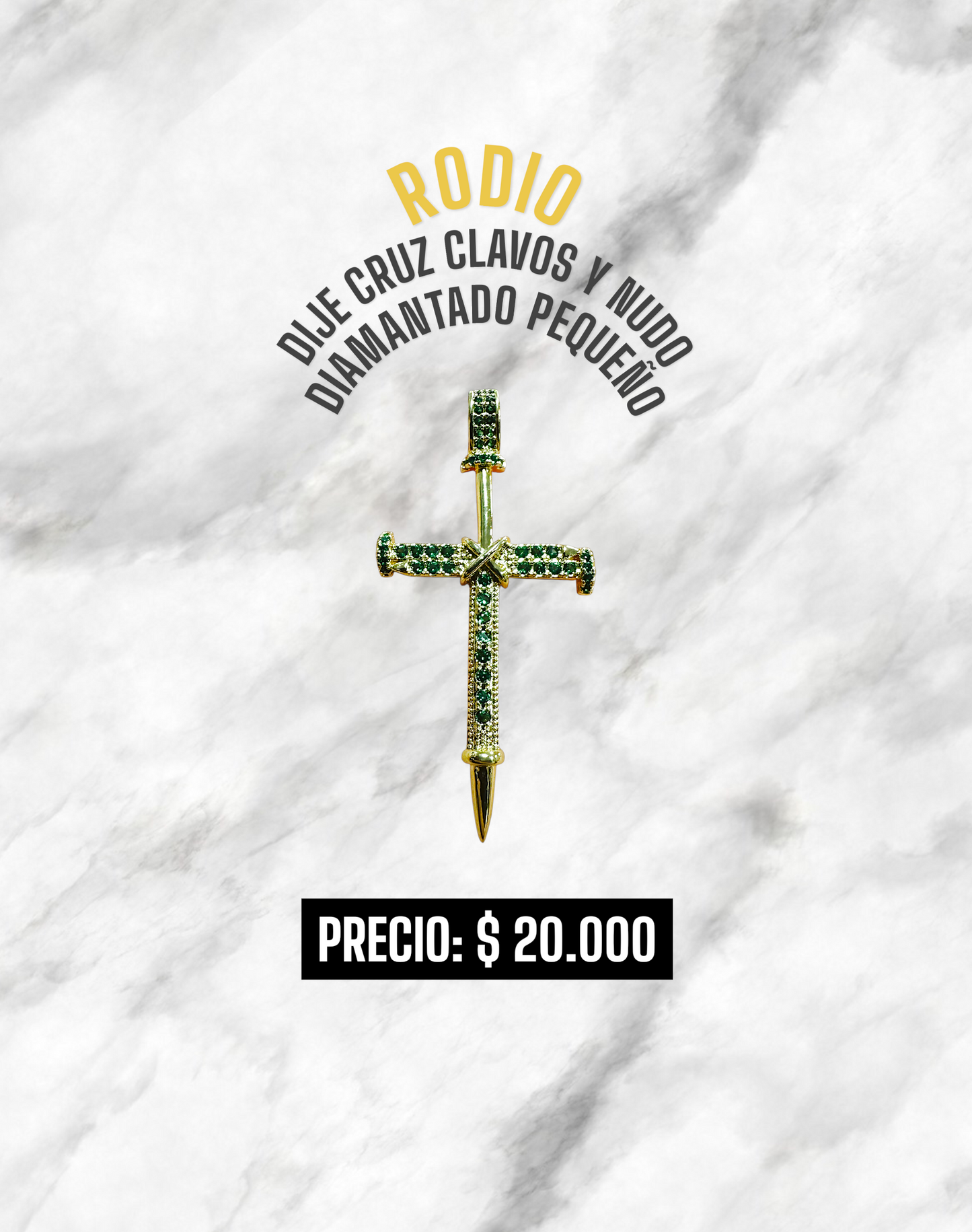 DIJE CRUZ CLAVOS Y NUDO DIAMANTADO VERDE PEQUEÑO RODIO