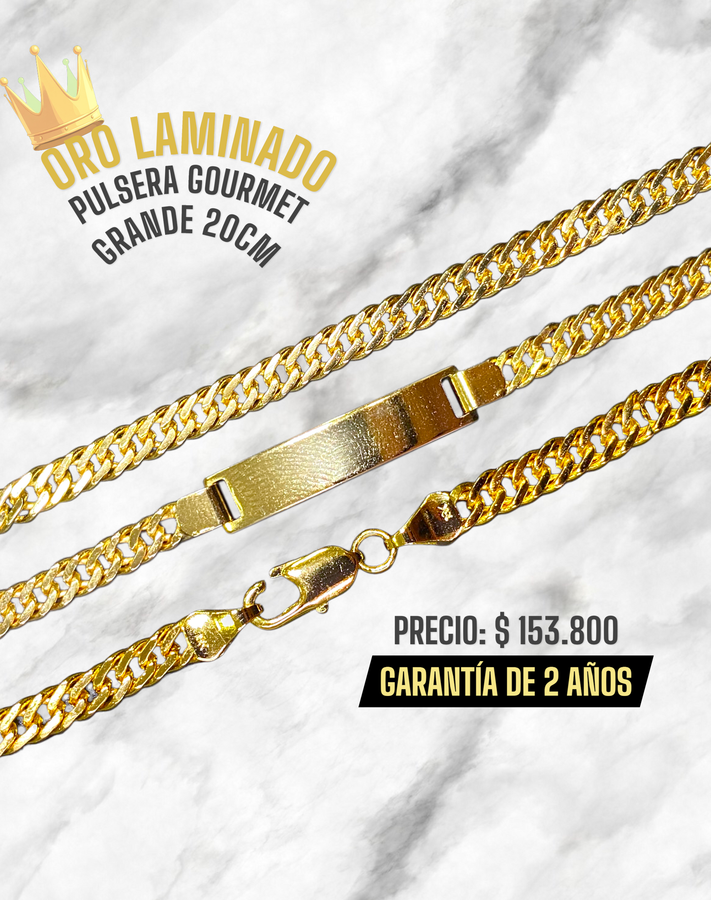 PULSERA GOURMET GRANDE CON PLACA 20CM ORO LAMINADO