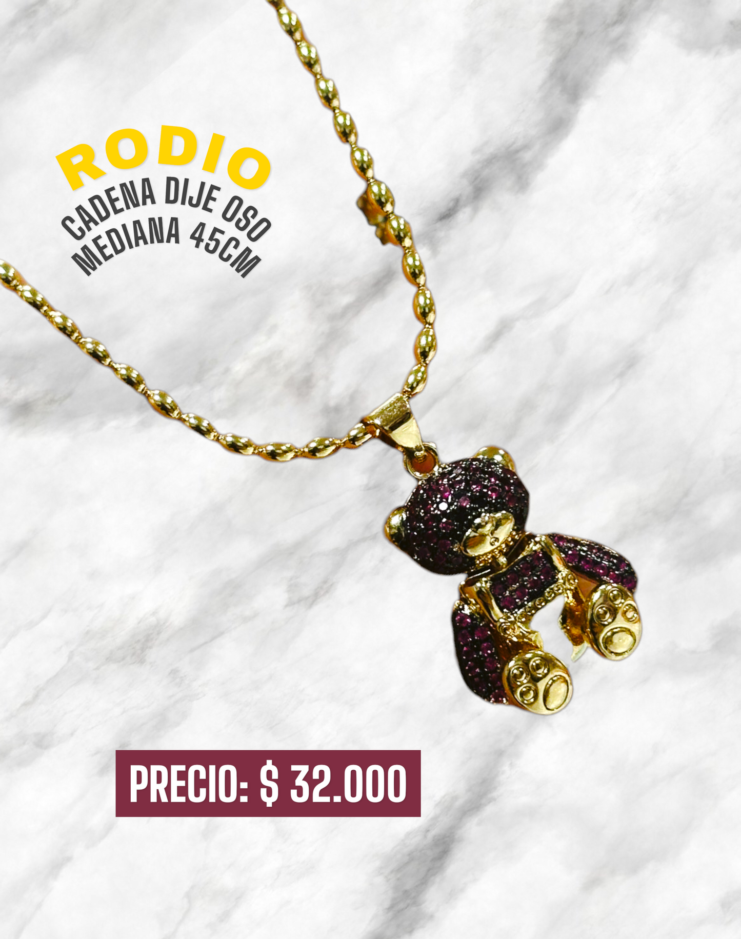 CADENA DIJE OSO MEDIANA 45CM RODIO