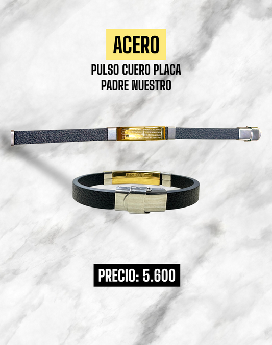 PULSERA CUERO PLACA PADRE NUESTRO ACERO
