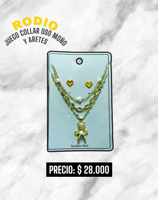 JUEGO COLLAR OSO MOÑO Y ARETES RODIO