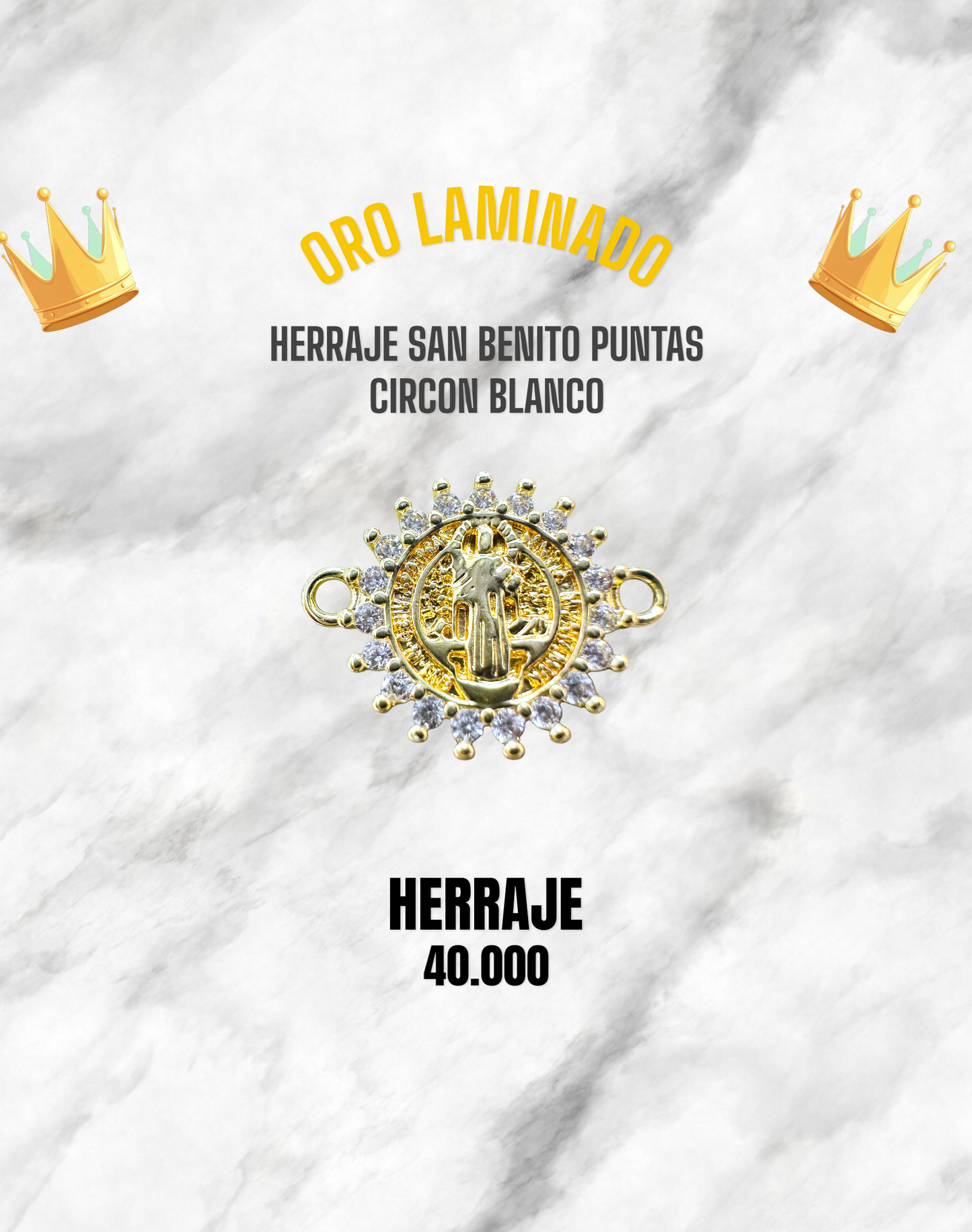 HERRAJE SAN BENITO PUNTAS CIRCÓN BLANCO PULSO ORO LAMINADO