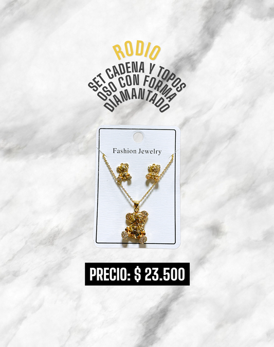 SET CADENA Y TOPOS OSO COM FORMA DIAMANTADO  RODIO