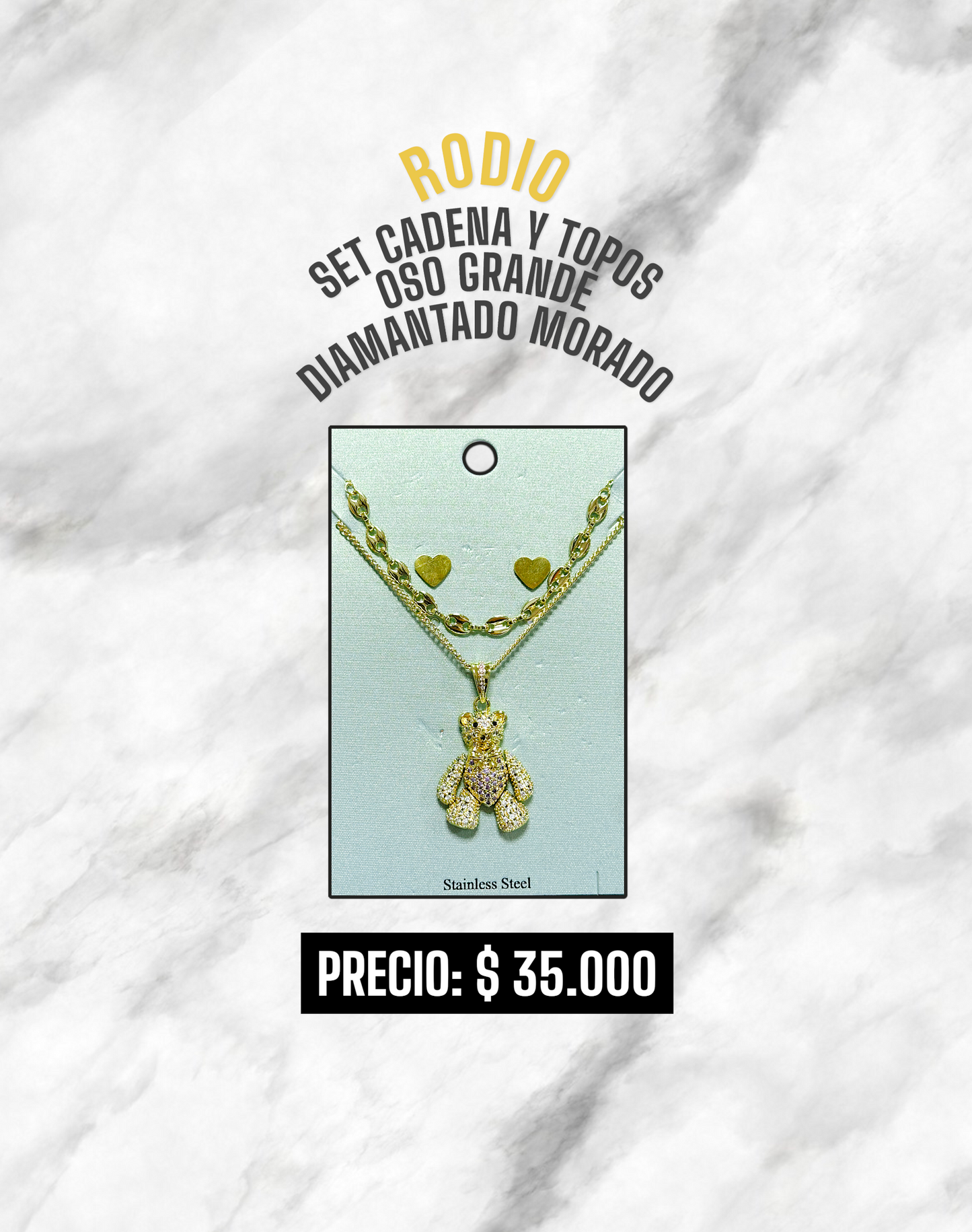 SET CADENA Y TOPOS OSO GRANDE DIAMANTADO RODIO