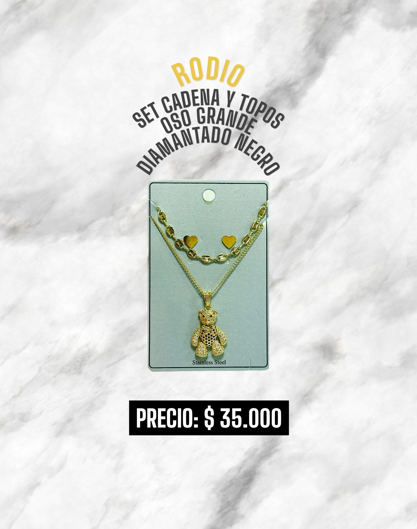 SET CADENA Y TOPOS OSO GRANDE DIAMANTADO RODIO