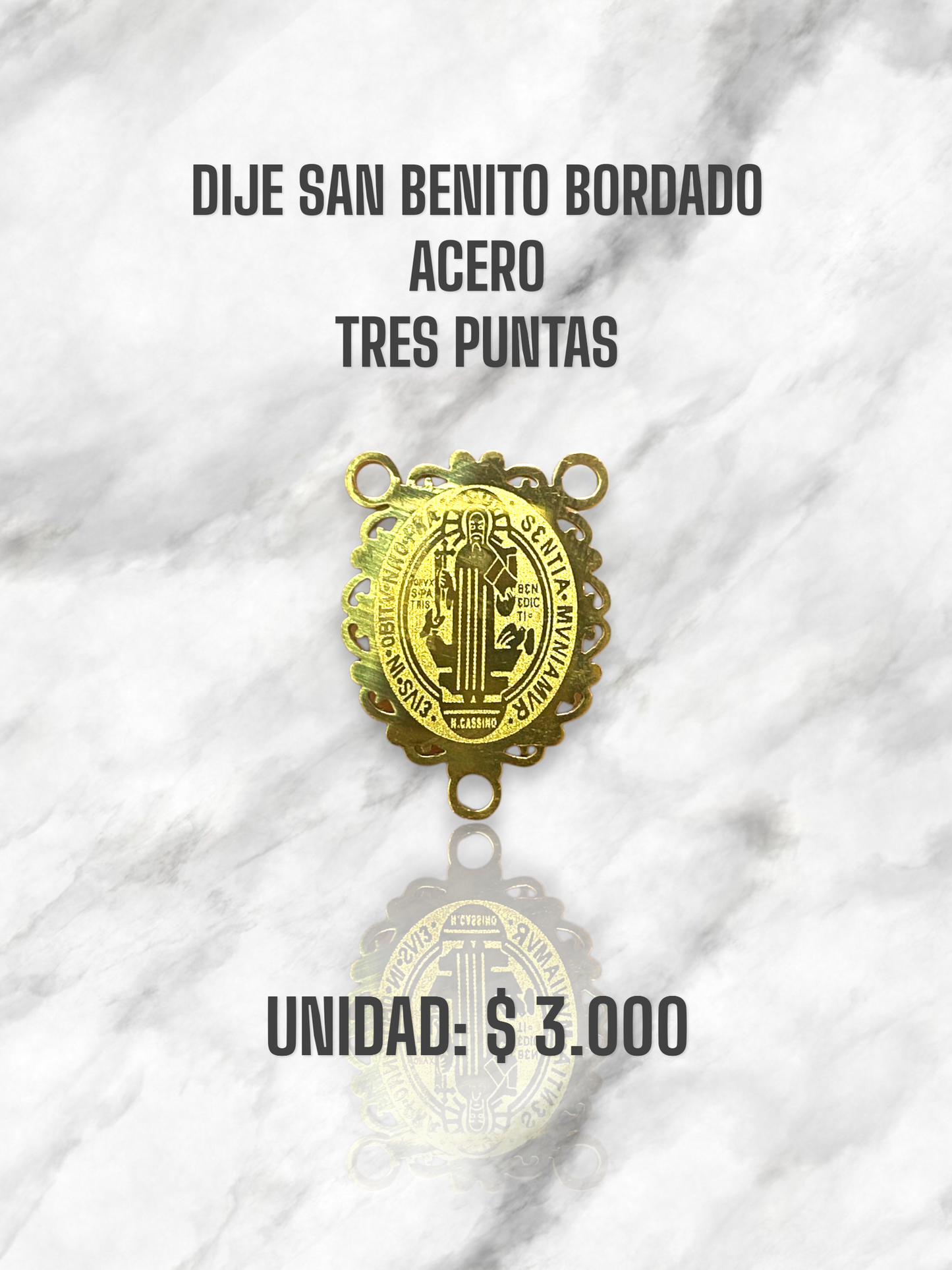DIJE SAN BENITO BORDADO TRES PUNTAS ACERO