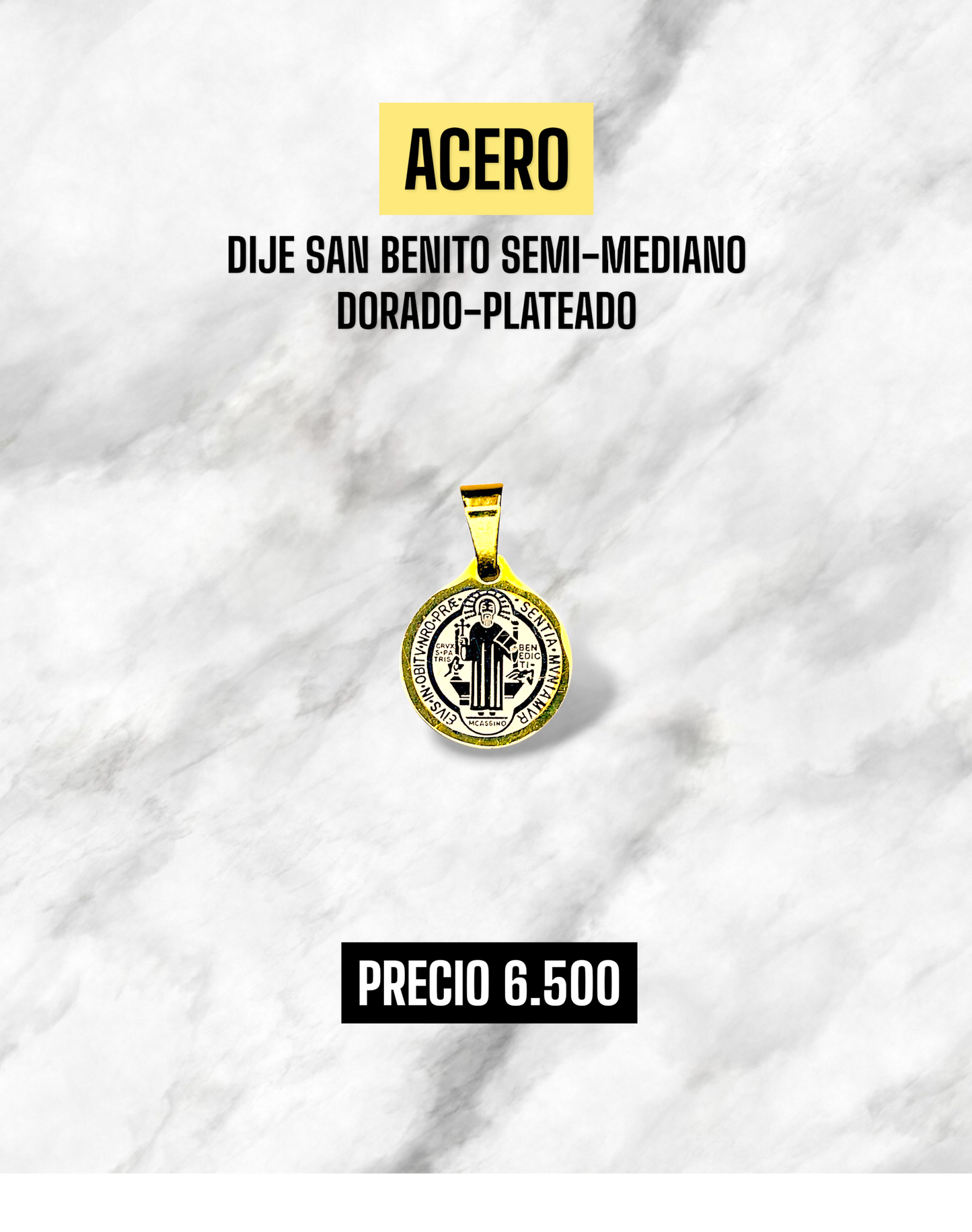 DIJE SAN BENITO SEMI MEDIANO DORADO-PLATEADO ACERO