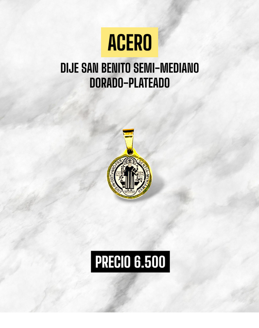 DIJE SAN BENITO SEMI MEDIANO DORADO-PLATEADO ACERO
