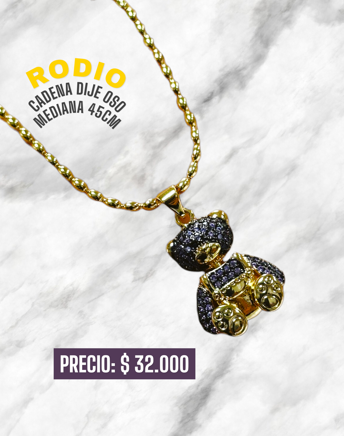 CADENA DIJE OSO MEDIANA 45CM RODIO