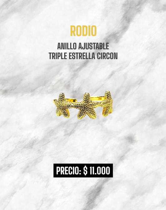 ANILLO AJUSTABLE TRIPLE ESTRELLA CIRCON RODIO