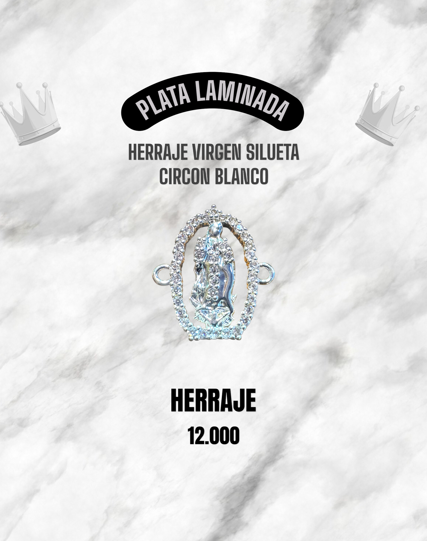 HERRAJE SILUETA VIRGEN CIRCÓN BLANCO PLATA LAMINADA