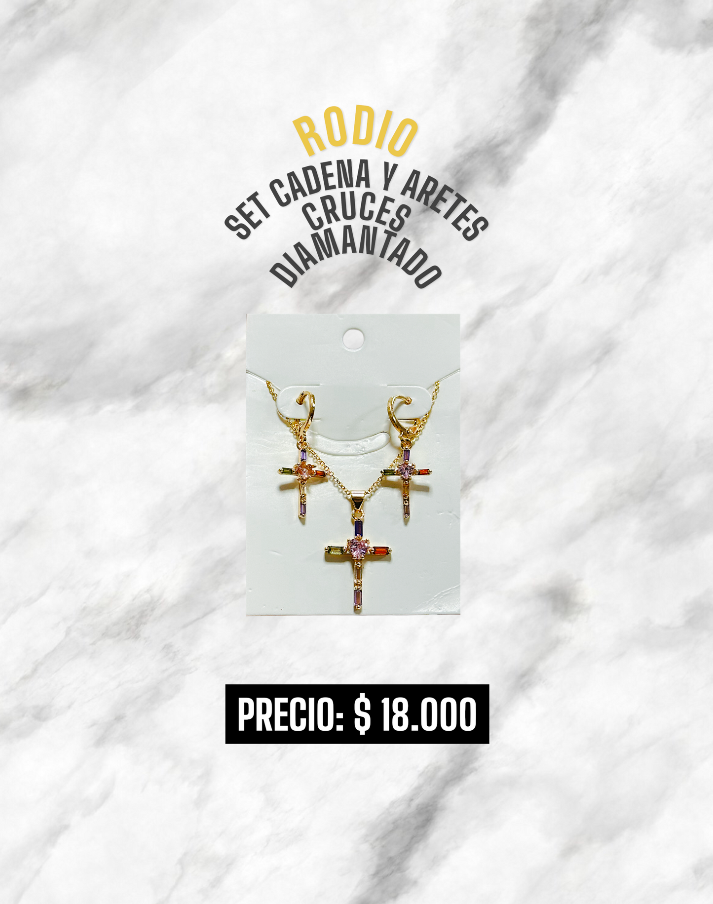 SET CADENA Y ARETES CRUCES DIAMANTADO  RODIO
