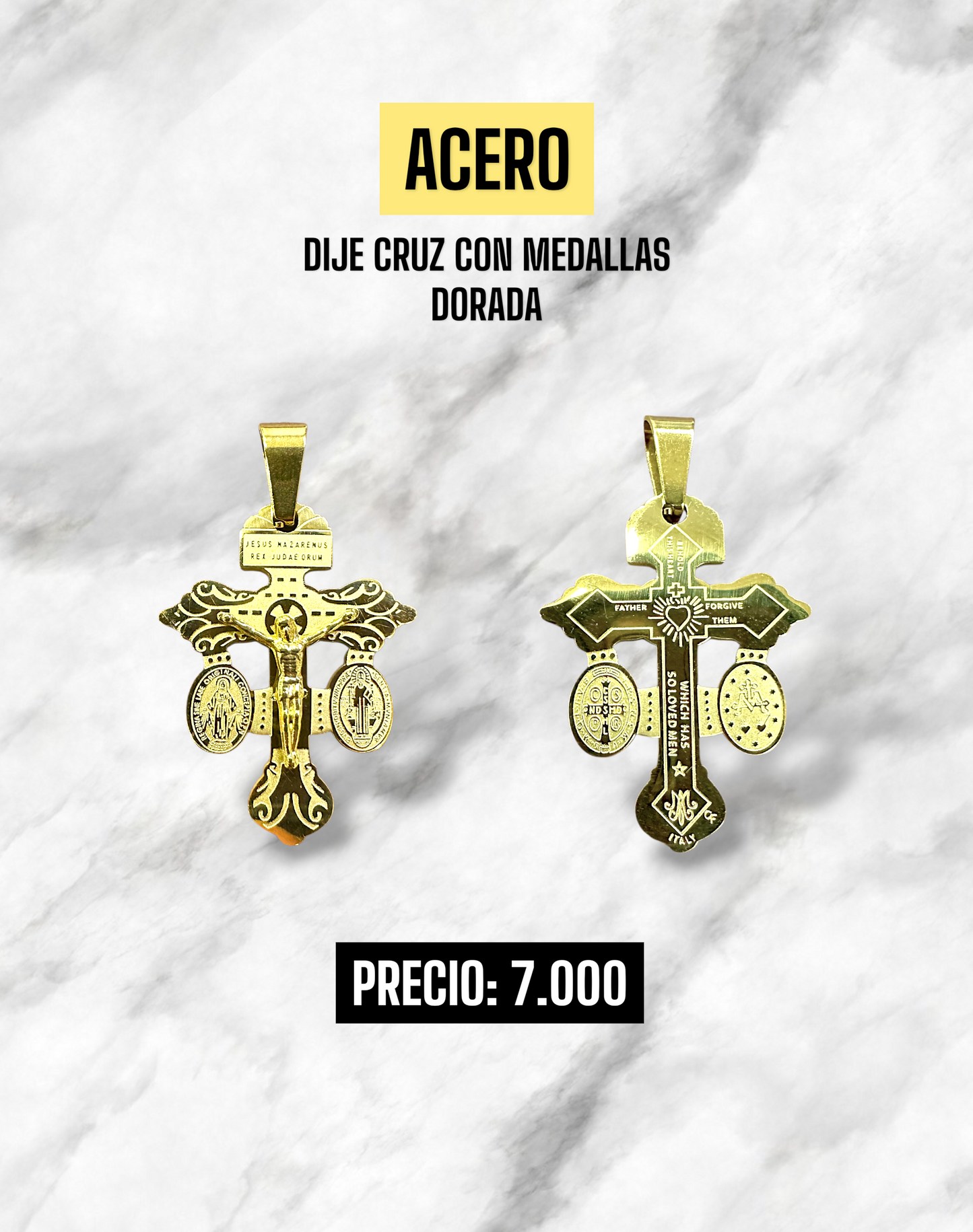 DIJE CRUZ CON MEDALLA ACERO