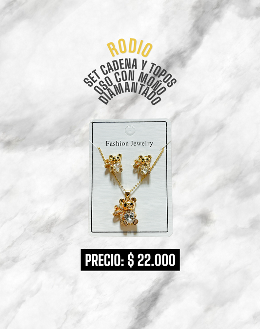 SET CADENA Y TOPOS OSO CON MOÑO DIAMANTADO  RODIO
