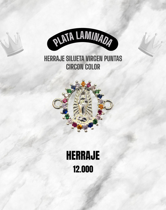 HERRAJE SILUETA VIRGEN PUNTAS CIRCÓN COLOR PLATA LAMINADA