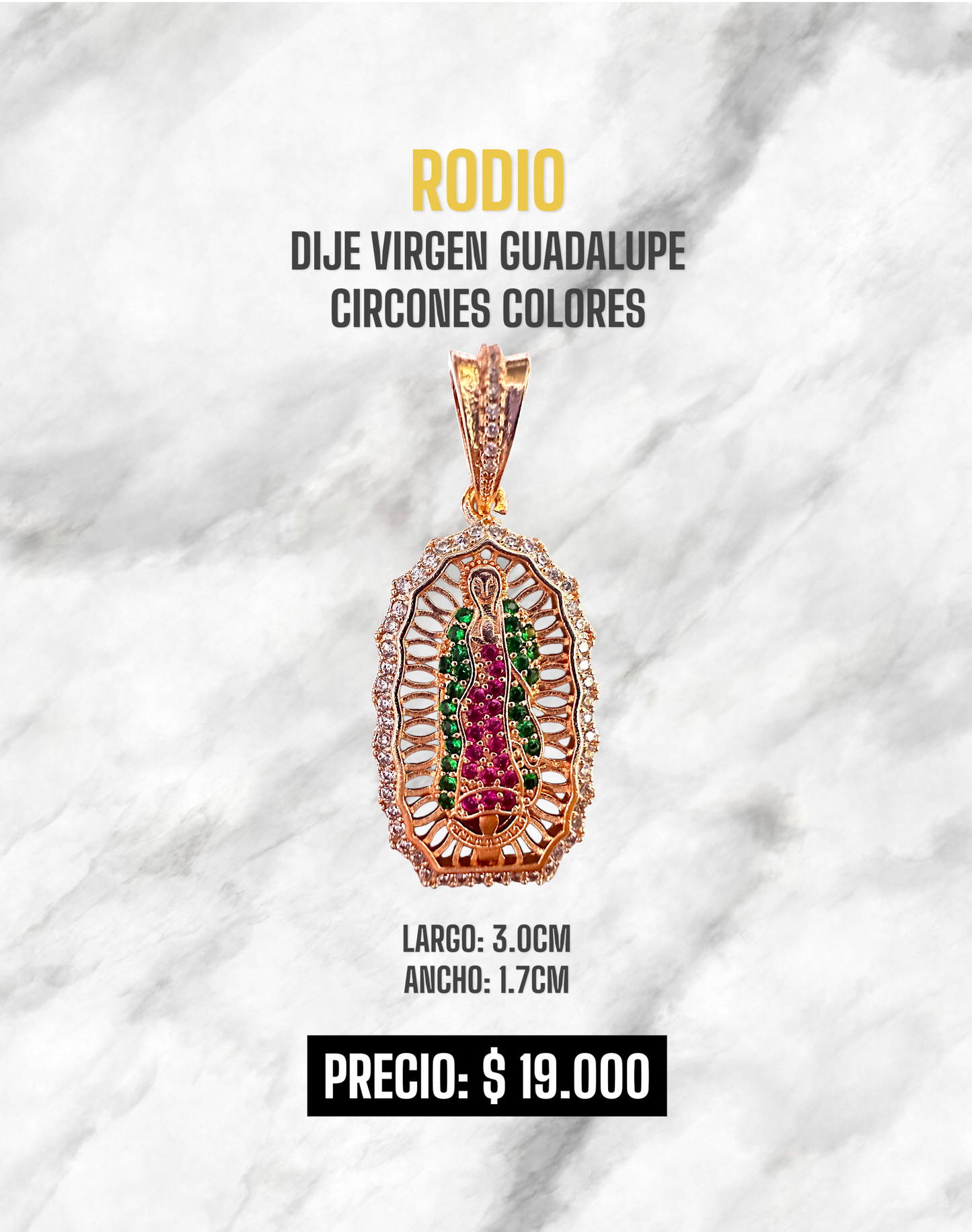 DIJE VIRGEN GUADALUPE CIRCONES COLORES RODIO