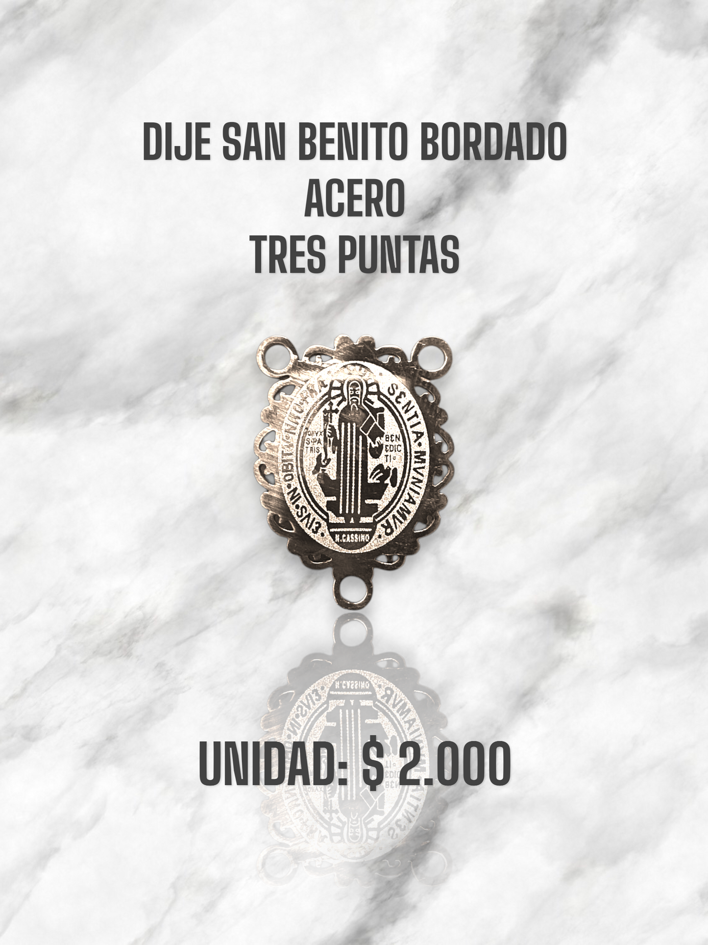 DIJE SAN BENITO BORDADO TRES PUNTAS ACERO PLATEADO