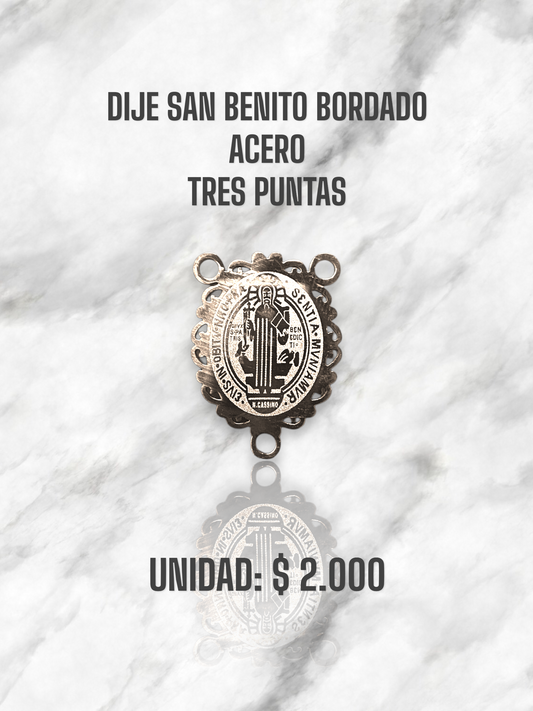 DIJE SAN BENITO BORDADO TRES PUNTAS ACERO PLATEADO